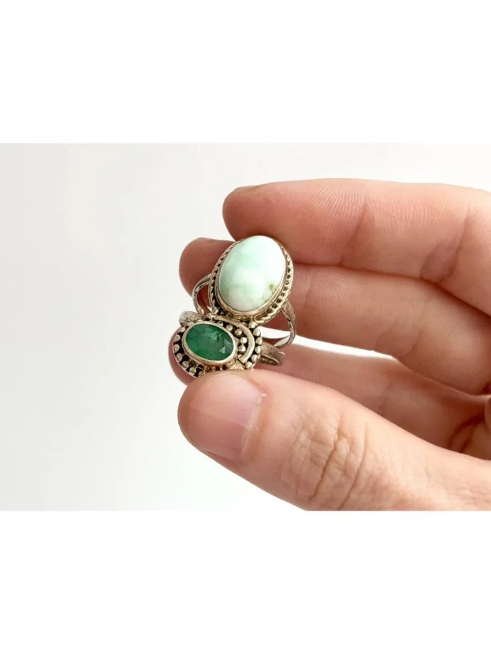 Arya Modernist Larimar & Green Emerald Sterling Silver 925 Vintage Ring - sz 8